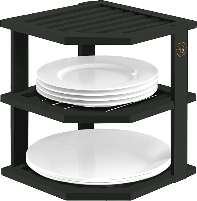 Bambüsi Plate Organizer for Cabinet - Corner Cabinet Organizer and Kitchen Cabinet Organizer Shelf, Kitchen Countertop Organizer for Plates, Dishes and Bowls, Space Saving Corner Rack, Black