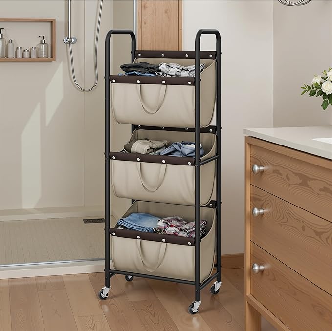 GRANNY SAYS 3 Tier Laundry Sorter, Laundry Basket with Wheels, Laundry Room Organization and Storage, 3 Section Rolling Laundry Cart for Dorm, Bathroom, Bedroom, Closet, Light Khaki