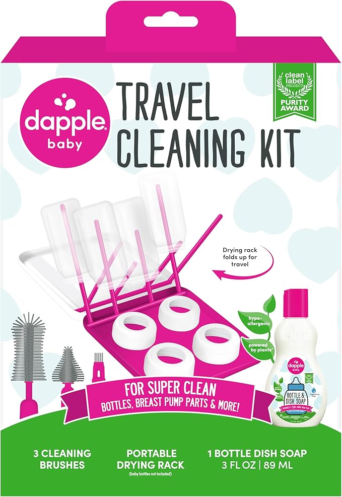 Dapple Travel Cleaning Kit with Bottle & Dish Soap, Drying Rack, Silicone Brush