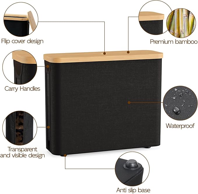 Toilet Paper Storage Basket with Bamboo Lid, Toilet Paper Holder with Storage, Free Standing Bathroom Storage Organizers with Non-Slip Bottom, Black 1 Pack