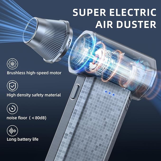 Cordless Compressed Air Duster, 150000RPM Super Power Electric Air Duster, 3-Gear Adjustable Mini Air Blower for Computer, Keyboard, Outdoor, House and Car Cleaning (Silvery)