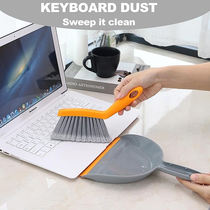 Mini Broom with Dustpan Combo Set Small Dust pan and Brush Set Quick Cleanup Debris Dust for Floor Countertop Worktop Desk Pet Cage (Grey+Orange)