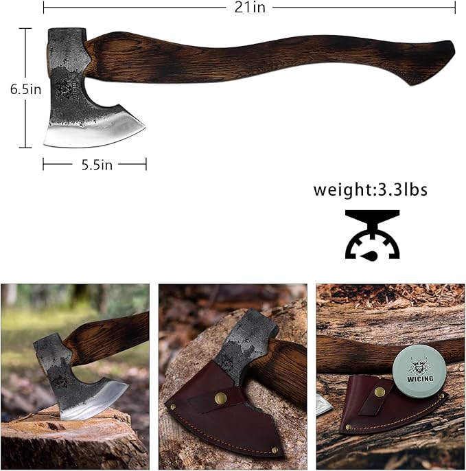 Camping Axe - 21 inches Chopping Axe for Wood Splitting and Kindling, 1055 High Carbon Steel and Beech Wooden Handle, with Leather Sheath - Head 1.5 lbs