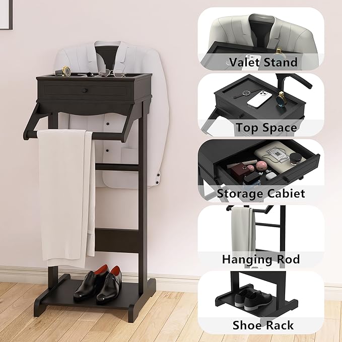 Men's Valet Stand with Tray, Black Wood Clothes Stand, Freestanding Garment Rack Organizer for Enterway, Office, Bedroom
