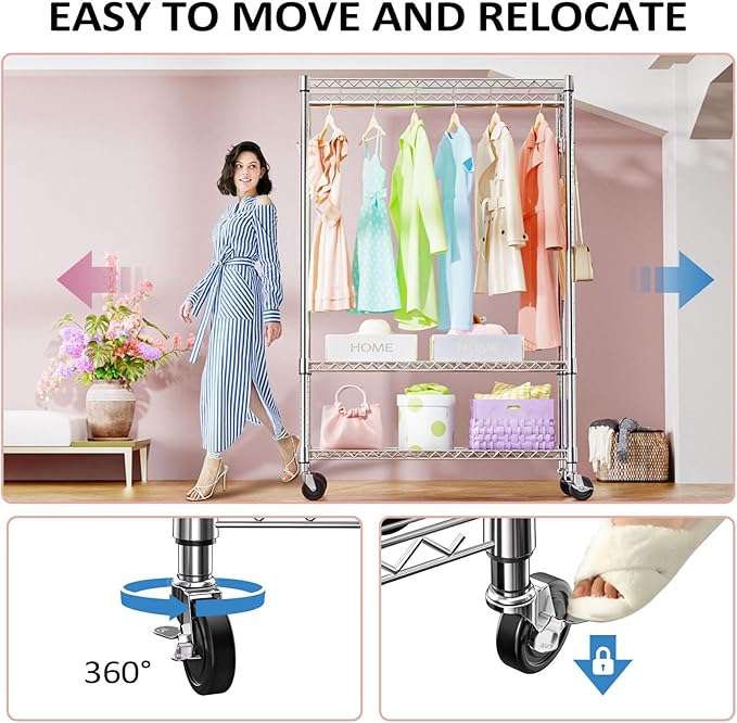 IZEUK Heavy Duty Rolling Garment Rack Wire Clothes Rack for Hanging Clothes (Chrome, 3 Tier with 2 Rod, 15.7" D x 45.3" W x 75.6" H)