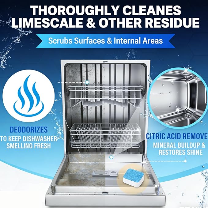 Dishwasher Cleaner & Deodorizer Tablets, 24-Pack Dishwasher Maintenance Tablets for Interior, Pump, Filter, Spray arm & Drain, Helps Remove Grease, Limescale & Mineral Buildup 1-Year Supply