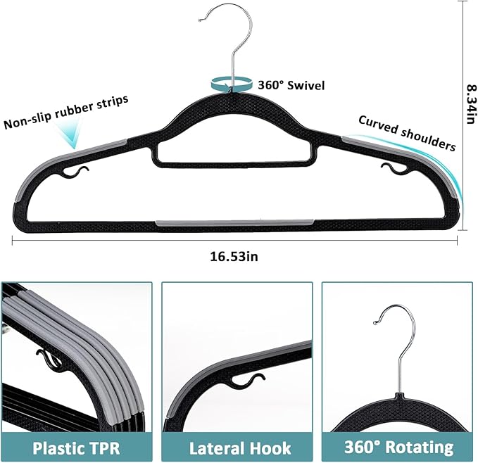Tonswachic Heavy Duty Plastic Clothes Hangers, Space Saving Hangers 30 Pack, Non-Slip, 0.2 Inches Slim, 360° Swivel Silver Hook for Shirts, Pants & Wet/Dry Garments, Black and Dark Gray