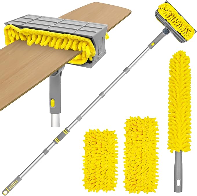 77” Ceiling Fan Blades Cleaner Duster with Extension Pole, Extendable Flexible Dust Cleaning Brush, Reusable Chenille Mop for Baseboard Wall Floor Blinds Cobweb