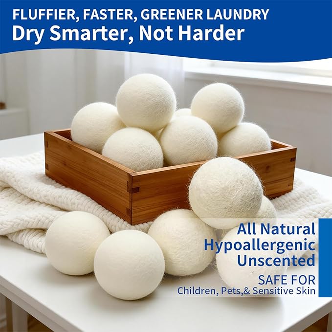Wool Dryer Balls, New Zealand Dryer Balls Laundry Reusable Reduce Static Cling, Dryer Ball to Reduce Wrinkles & Shorten Drying Time, Drying Balls for Laundry(Pack of 6) (White)