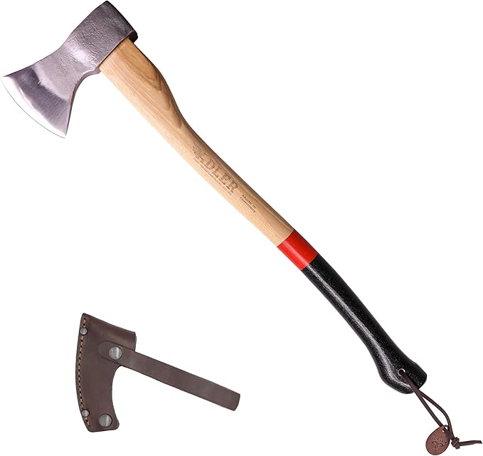Adler Rheinland Axe - Classic German Axe for Felling & Delimbing Small Trees, Leather Sheath, 2.75 lb Head, Anti-Slip 27.5" Hickory Handle, Red Stripe