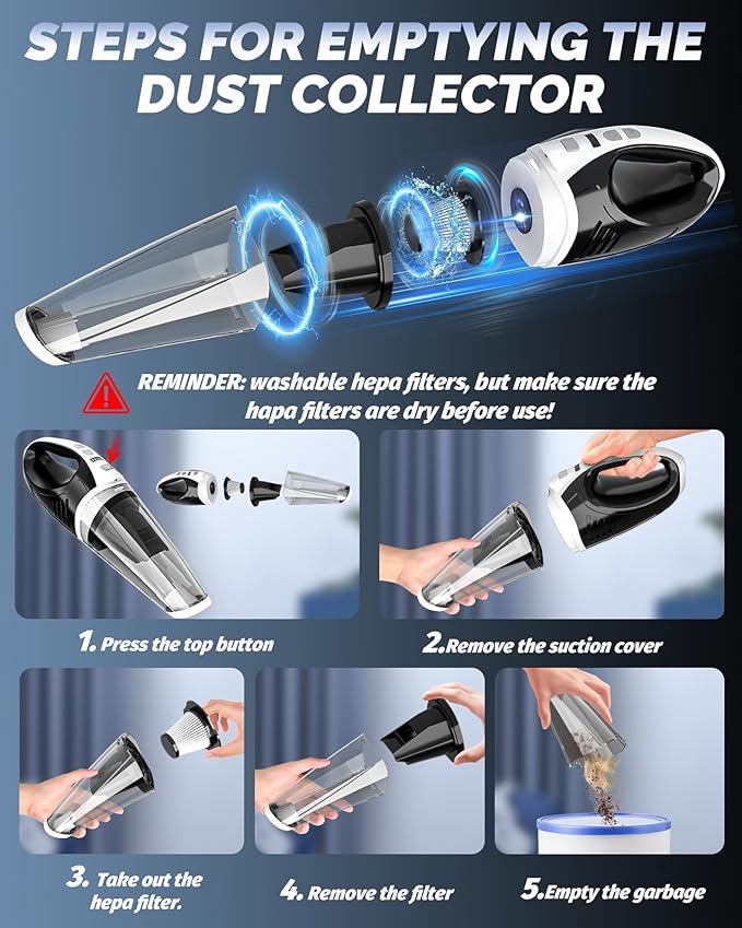 Handheld Vacuum Cordless, Car Vacuum Cleaner with Powerful Suction, 2 Modes Mini Hand Vacuum, Dry & Wet, LED Light, Portable Vacuum for Car Pet Hair, Home, Office, Keyboards White Sliver