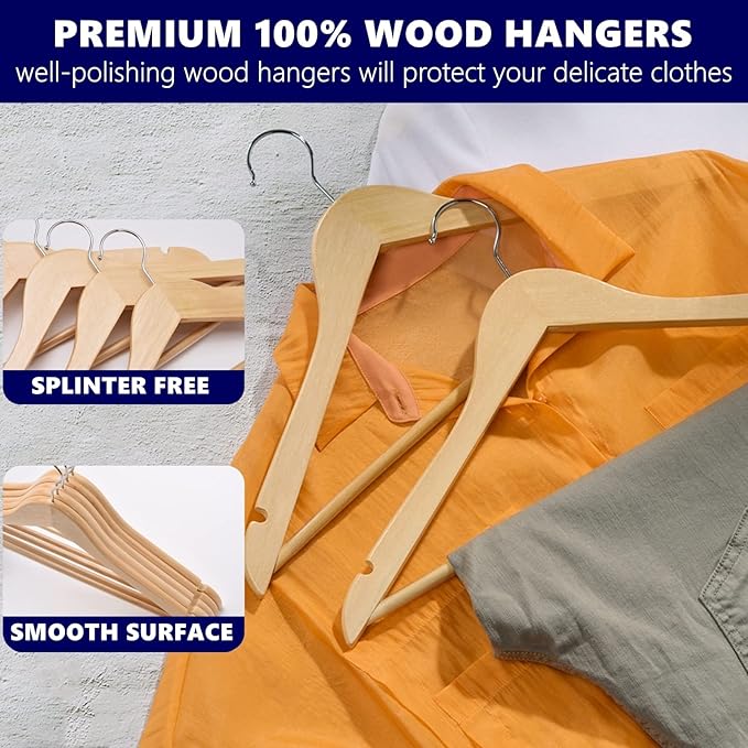 Amber Home 20 Pack Wooden Coat Hangers, Natural Wood Suit Hangers with Non-Slip Pant Bar, Clothes Hangers for Closet Organization, Shirts, Jackets, Dresses, and Pants (Natural, 20)