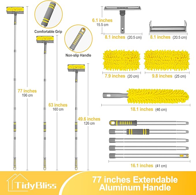 77” Ceiling Fan Blades Cleaner Duster with Extension Pole, Extendable Flexible Dust Cleaning Brush, Reusable Chenille Mop for Baseboard Wall Floor Blinds Cobweb