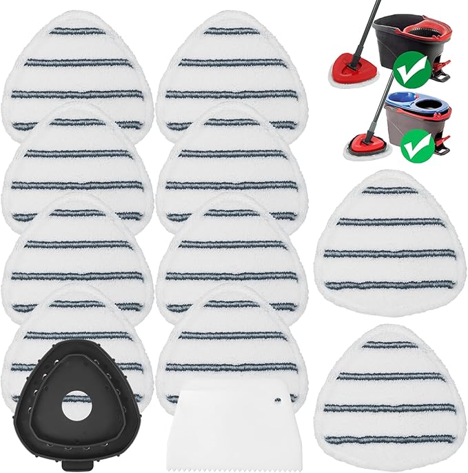Flat Mop Head Replacements, Microfiber Mopping Pads Refills, 10-Pack Spin Mop Pads + 1 Plastic Pad &1 Scrape for Floor, Wall & Ceiling Cleaning - Fits EasyWring & RinseClean Systems