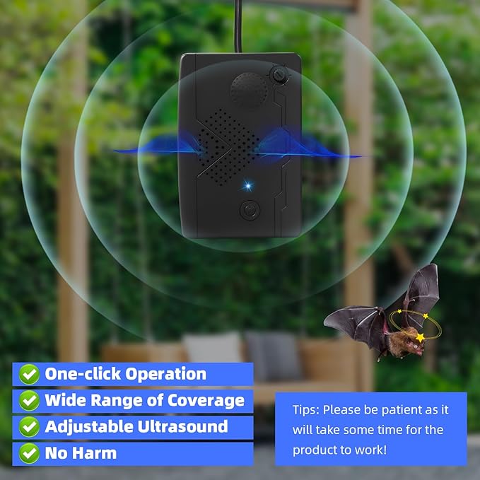 2 Pack Bat Deterrent Devices for Attic: Rechargeable Bat Keep Away,Bird Deterrent Devices Indoor&Outdoor for Porch,House,Garages,Friendly to Human & Pet(Black)