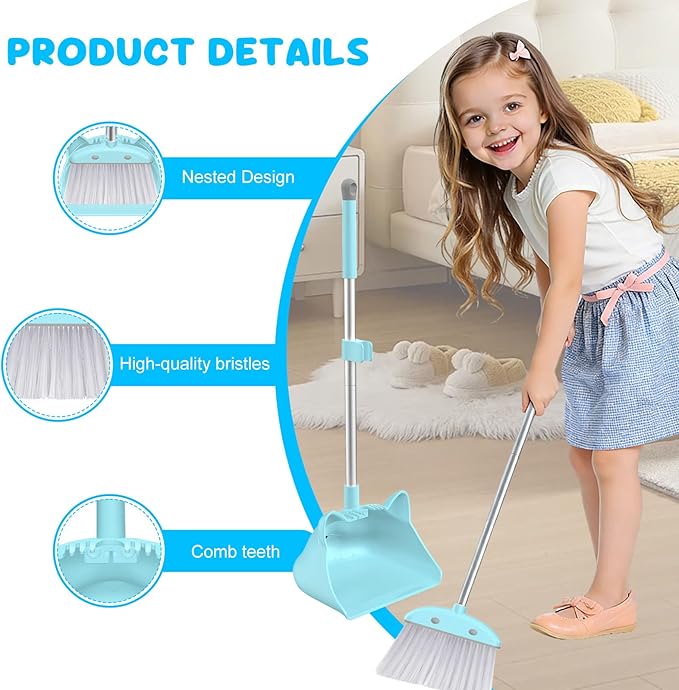 Mini Broom with Dustpan for Kids, 28-in Handle Kids Broom and Dustpan Set for Toddlers Cat-Shaped Children Broom and Cleaning Set Boys Girls Small Housekeeping Helper Set, Blue