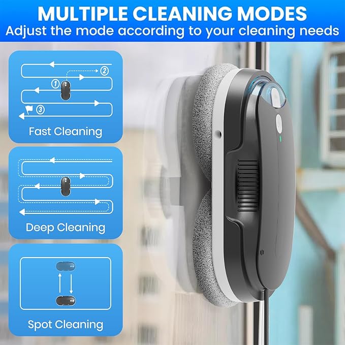 Window Cleaning Robot – 2400-3200Pa Suction, Dual Ultrasonic Spray, 85ml Tank, Edge Detection, Anti-Drop, 3 Cleaning Modes for Streak-Free Glass(Black)