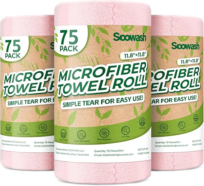 Microfiber Cleaning Cloths Roll, 225 Pack Tear Away Microfiber Towels Roll, 12" x 12" Lint Free Rags, Reusable Cleaning Cloths, Washable, Scratch Free,Ultra Absorbent Dish Rags(Pink)