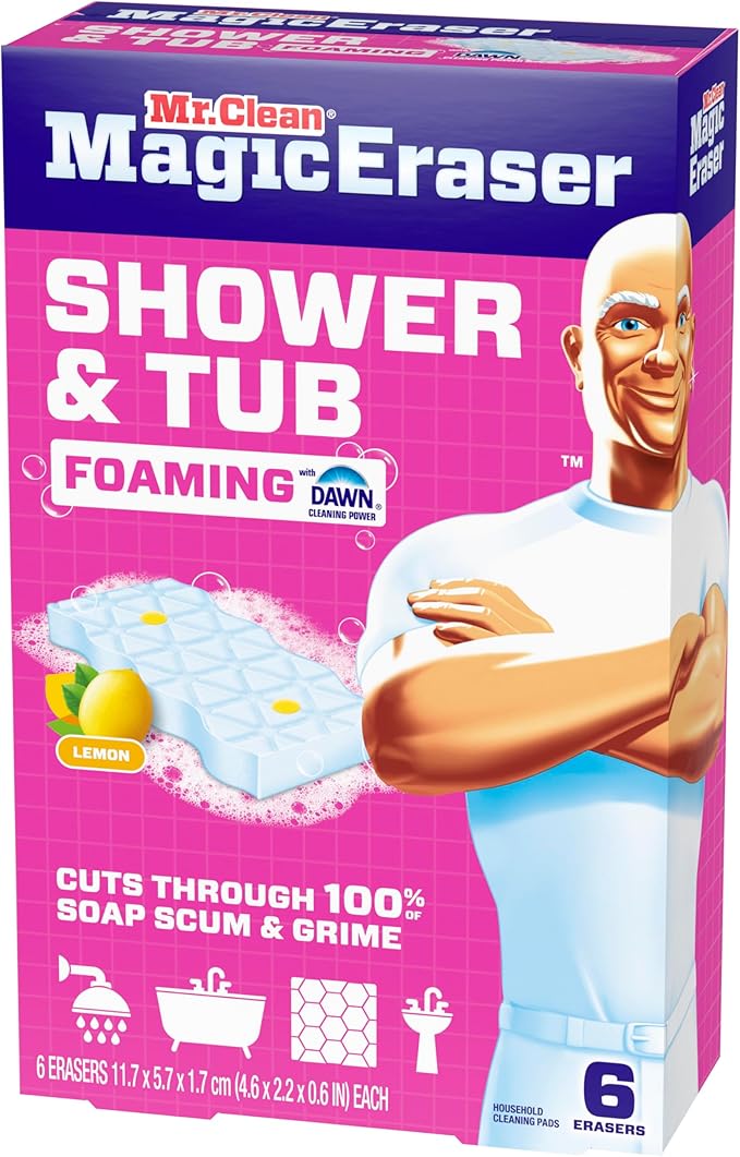 Mr. Clean Magic Eraser Sponge, Bathroom, Shower, Tub Cleaner, Soap Scum Remover, Bathroom Cleaning Supplies, Dawn Cleaning Power with Lemon Scent, Shower & Tub, 6ct