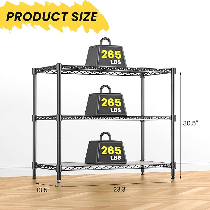 3-Tier Storage Shelves 795LBS Metal Shelving Unit, Adjustable Wire Rack Small Shelf Organizer with Shelf Liners for Kitchen Pantry Office Closet Garage 24" W x 14" D x 30.5" H Black