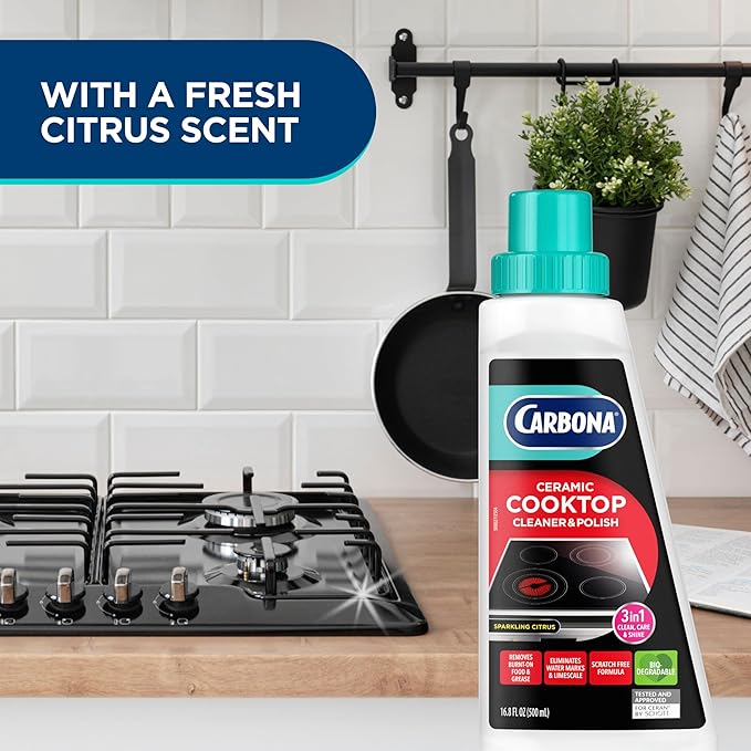 Carbona Ceramic Cooktop Cleaner | Grease & Burnt-On Food Remover | Non-Abrasive Formula | 16.8 Fl Oz, 3 Pack