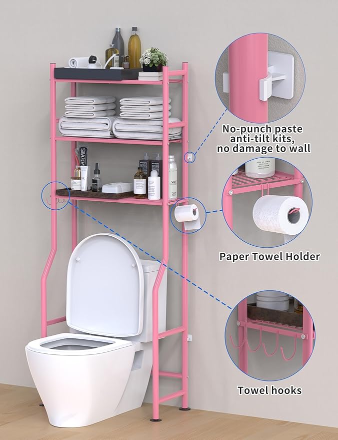 Livilord 3-Tier Over The Toilet Storage, Freestanding Metal Bathroom Shelves with 4 Hooks, Over Toilet Storage Shelf with Paper Holder, Above The Toilet Shelf for Bathroom Storage, Pink