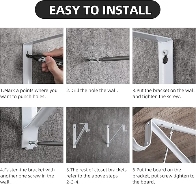 HOME MASTER HARDWARE Heavy Duty Closet Shelf Rod Brackets Supports 250lbs, Wall Mounted Closet Shelves Bracket with Rod Shelving Support, White with Screws 10-Pack