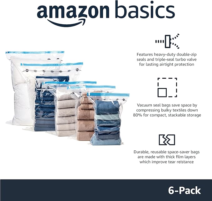 Amazon Basics Vacuum Storage Bags for Clothes, Space Saving Compression Storage Bags with Hand Pump, Heavy Duty, Stackable, Jumbo Size, Clear, 6-Pack