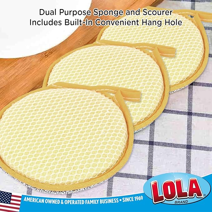 LOLA Round N' Round Wonder Non-Scratch Scouring Pad, 6 Pack, Metallic on One Side, Nylon Net Sponge On Other Side, Hang Hole, Assorted Colors