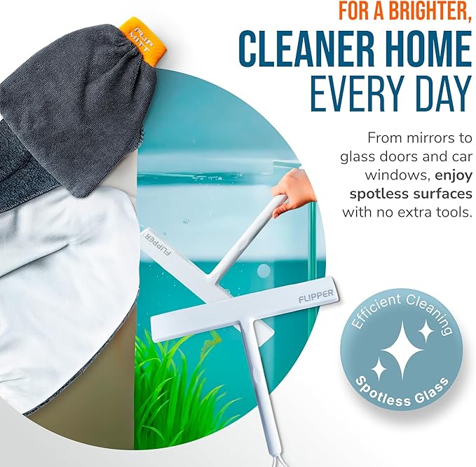 Flipper Dual-Action Squeegee and Microfiber Mitt – 2-in-1 Streak-Free Glass and Mirror Cleaning Tool for Windows, Shower Doors and Countertops – Reusable, Ergonomic, and Durable Design