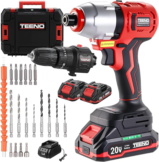 TEENO 20V Cordless Drill and Impact Driver, Brushless Power Tool Combo Kit Included 3/8'' Drill & 1/4'' Impact Driver, 2x 1.5Ah Batteries, Fast Charger, 19 pcs Driver Bit Set & Bag