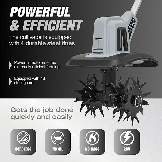 20V Cordless Tiller Cultivator, 360RPM Electric Garden Tiller with 2.0Ah Battery & Charger, 9" Tilling Width, 6.6" Depth, Ideal for Lawn, Garden Beds, and Soil Cultivation