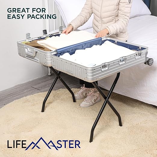 Lifemaster Metal Luggage Rack - Pack of 4 Foldable, Easy Assembly, Space Saving, and Stylish Steel Frame Guest Suitcase Stands with Nylon Straps - Black