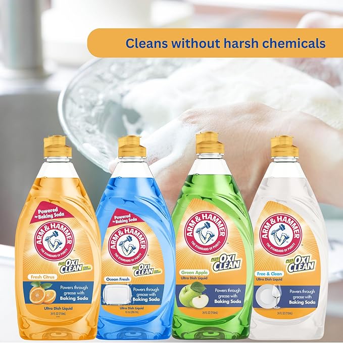 Arm & Hammer + OxiClean Dish Soap, Crisp Apple Scent, 24 oz, Powerful Grease-Cutting Liquid Dish Detergent