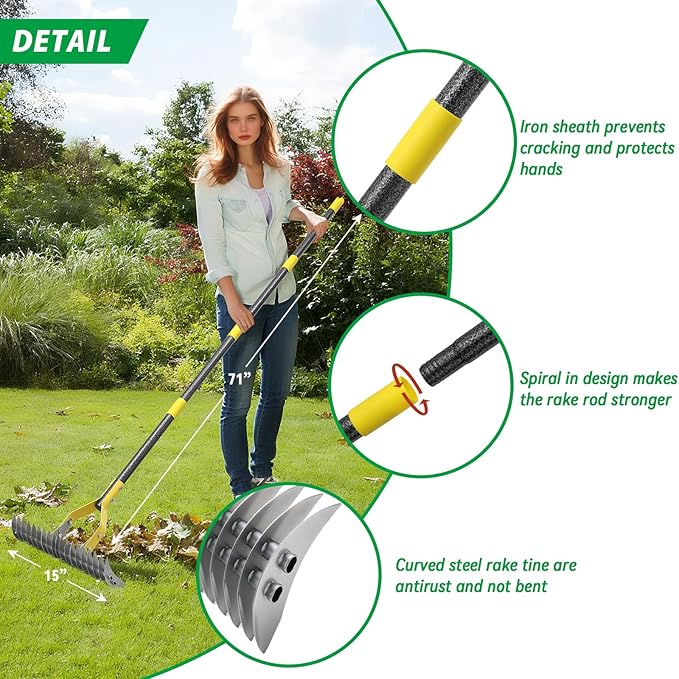 Thatch Rake,71 inch Thatching Rake for Lawn Stainless Steel Metal Dethatcher Rakes with Sheath,Heavy Duty Weed Rakes for Cleaning Dead Grass,Yard,Garden,Leaves,Loosening Soil