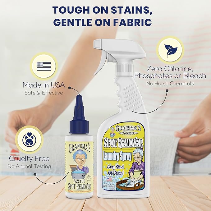 Grandma's Secret Spot Remover - Chlorine, Bleach and Toxin-Free Fabric Stain Remover for Clothes - Removes Oil, Paint, Blood and Pet Stains – 2 Ounce, 6 Pack
