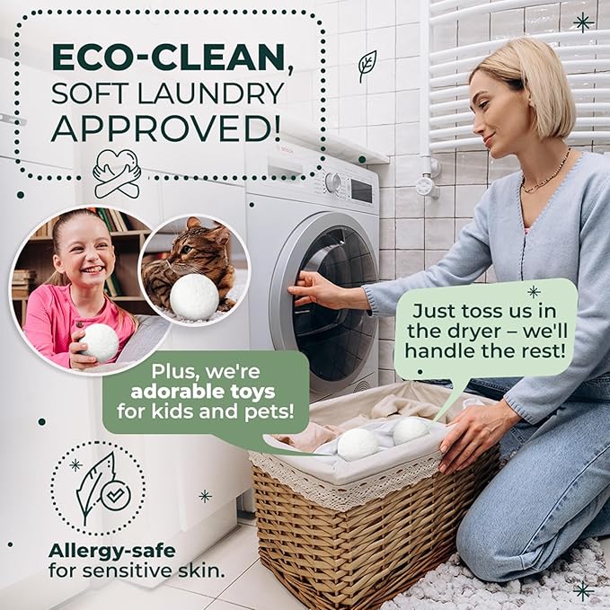 No More Dryer Sheets! XL Wool Dryer Balls 6-Pack, Reusable Laundry Softener & Static Reducer, Eco-Friendly, Long-Lasting, Safe for Sensitive Skin