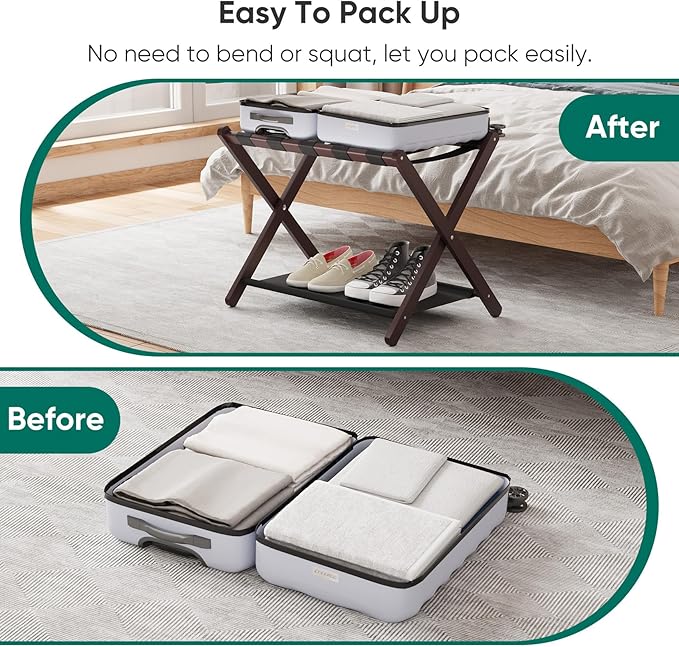 Smuxee Brown Bamboo Luggage Rack Pack of 2, Foldable Suitcase Stand with Storage Shelf, Easily Assembled Luggage Stand with 5 Nylon Straps for Guest Room Bedroom Hotel