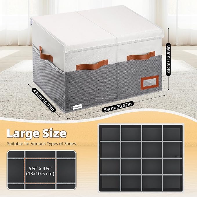 Supowin Shoe Organizer for Closet, Foldable Shoe Storage Bins with Lid & Adjustable Dividers, Fabric Shoe Box Storage Containers with Four Reinforced Handles, Fits 16 Pairs, 1 Pack, Grey