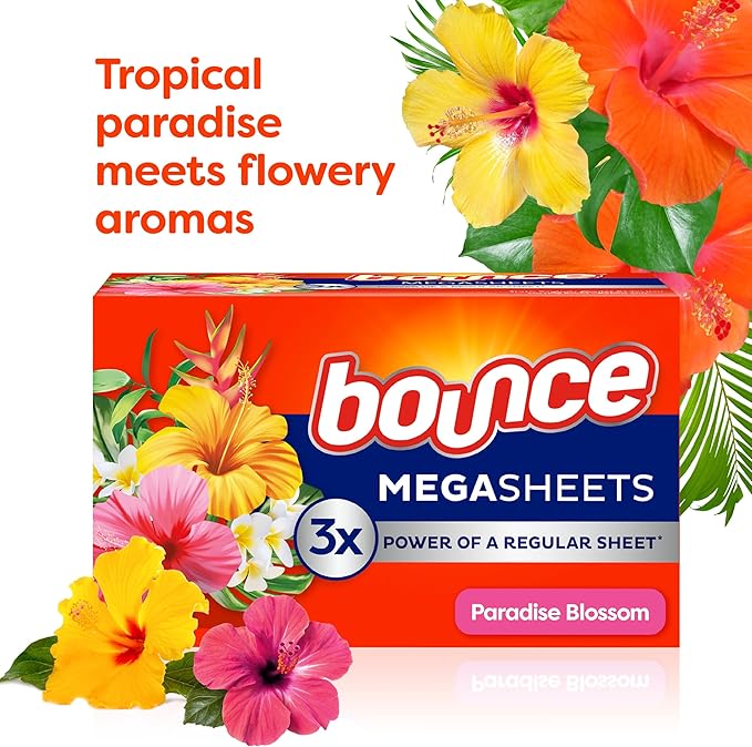 Bounce Mega Dryer Sheets, Paradise Blossom, 180 Count, Mega Fabric Softener Sheets with Static Control, Wrinkle Reduction, Extra Softness, Lasting Scent, Repels Lint
