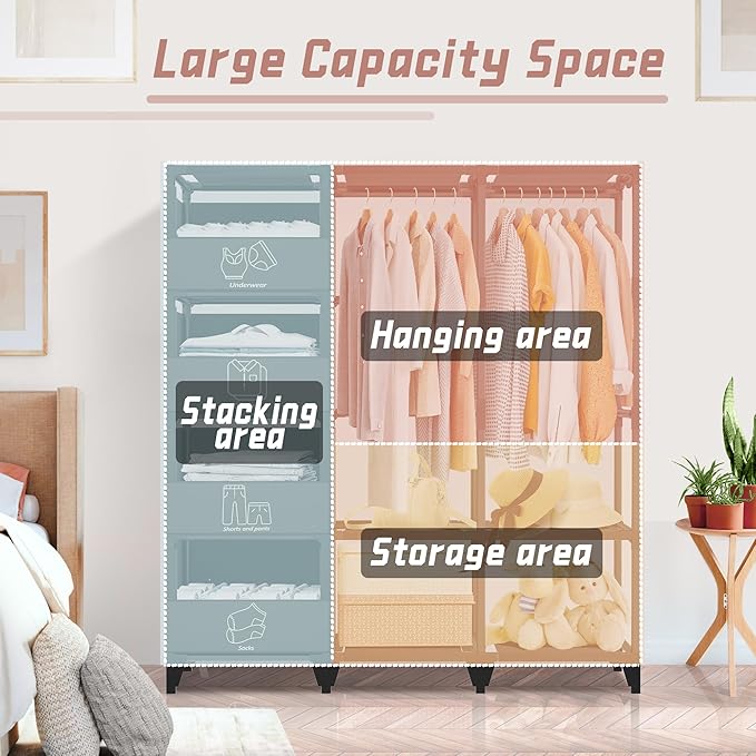 Portable Closet, Easy Assembly, Large Capacity Wardrobe Closet, Sturdy and Stable Clothes Rack with Shelves 4 Storage Baskets and 2 Hanging Rods, for Bedroom and Cloakroom Black