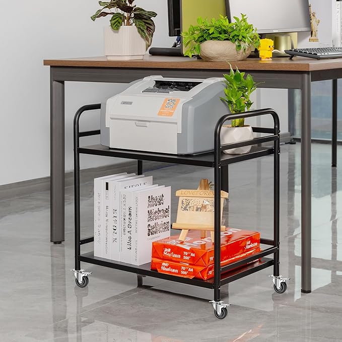 HDANI 2 Tier Under Desk Printer Stand with Storage,Microwave Storage Rack,Metal Rolling Printer Cart with Wheels for Home Office,Utility Storage Cart and Stand,Black