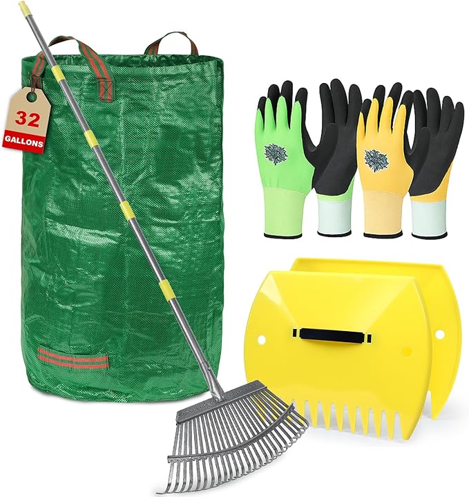 Adjustable Garden Rake for Leaves 36 to 73 Inch 25 Tines with Leaf Scoops, 32 Gallon Self Standing Yard Waste Bag Hoop, 2 Pairs Latex Coated Gloves