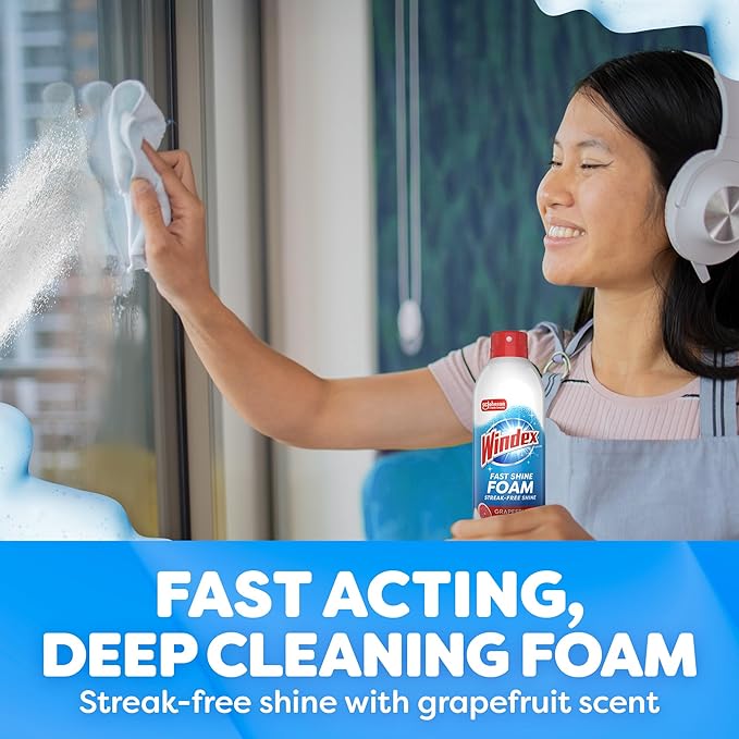 Windex Fast Shine Foam Glass Cleaner Supplies, No-Drip Window & Mirror Aerosol Spray, Streak-Free, Removes Fingerprints, Dust, Dirt & Smoke Film, Grapefruit Scent, 19 oz
