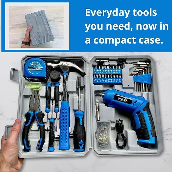 Apollo Tools 81-Piece Home Tool Set with 3.6V Li-Ion USB Cordless Screwdriver, Rotating Handle, LED Light, Hand Tools & Picture Hanging Kit – Compact Household Repair & DIY Kit, Blue/Gray DT2020