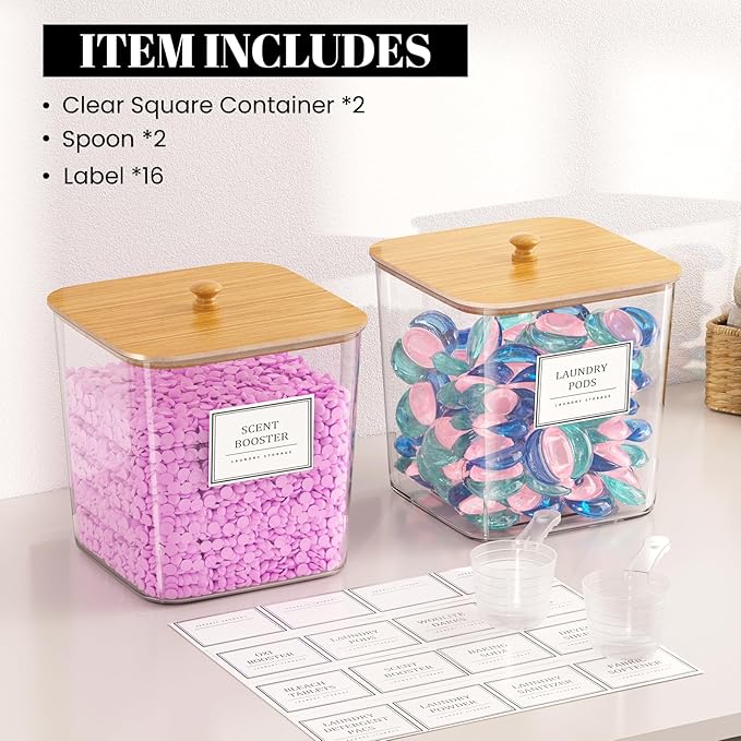 HomePekite 2 Pack Laundry Pods Container,Laundry Room Organization and Storage Containers with Wooden Lids & Labels Large Laundry Detergent Container for Powder,Scent Booster,Pods,Dryer Ball