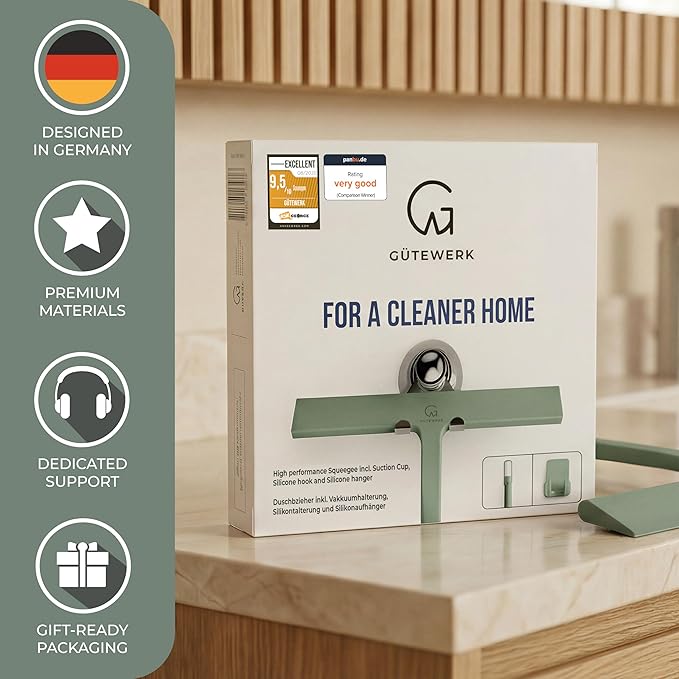 GÜTEWERK Silicone Shower Squeegee for Glass Doors & Mirrors with Stainless Steel Core, Streak-Free & No-Squeak Window Cleaning, 3-in-1 No-Drill Mount (Hook/Suction/Adhesive),Green, 11 Inches