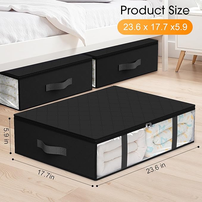 StorageRight Under Bed Storage Bags 2 Pack, 40L Large Clothes & Comforter Storage Containers with Clear Window, Breathable Fabric Organizer for Blankets, Bedding, Seasonal Clothing, Black