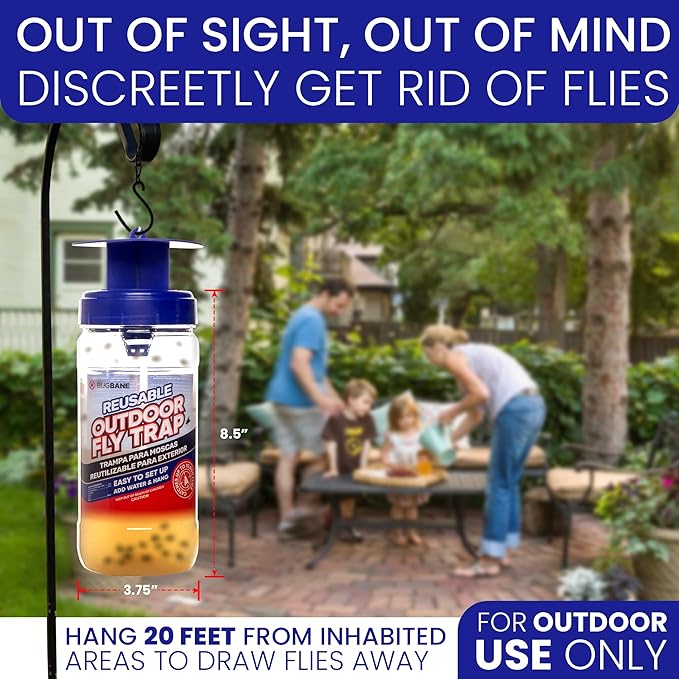 3 Fly Traps Outdoor Fly Trap for Patio with 6 Non-Toxic Dissolvable Bait Refills. Reusable Hanging Bug Catcher Killer for All Filth Flies for Outside Bug Control Yard Ranch. Hanging Chains Included