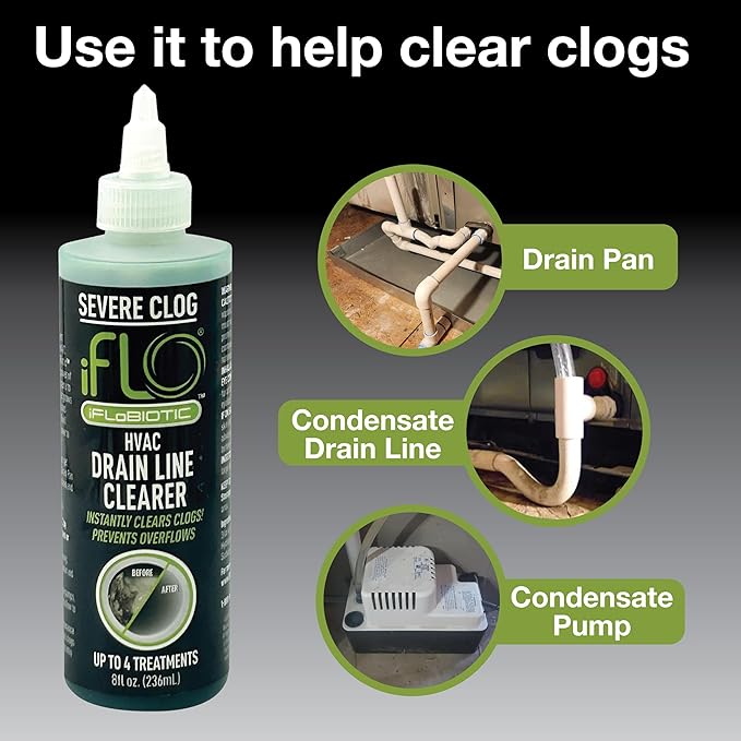 iFLO® Severe Clog Relief™ - 5X A/C Drain Line Cleaner Concentrate – Heavy-Duty HVAC System Solution for Tough Clogs & Buildup – Professional Liquid Drain Cleaner and Unclogger, 8oz Bottle, 1 Pack